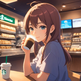 garota anime, Drinking coffee at Starbucks, qualidade 8k, cabelos longos, monstrando do tronco para cima, olhando para o copo, bebendo no canudinho