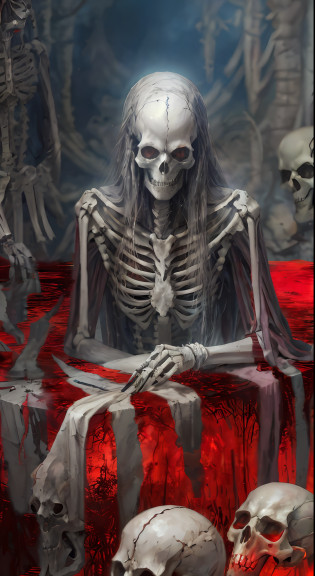 Red blood?Rivers of blood flow?femele?the hair?necromancer sitting at table, tarot card goddess of death, skelleton, skeleton corpse, death tarot, Skeleton King, a skeleton smoking a cigar, saint skeleton queen, skullgirls, chained skeleton, Skeleton, death dreaming about death, they sit next to a pile of bones?