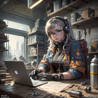 Masterpiece, top-notch quality, ultra-detailed, illustration, 1girl, solo, radiant, reflective, latex, work attire, sitting on a chair looking at laptop screen ,laptop with visible screen displaying programming code, curvaceous, body, seated, intricate, work shoes, cluttered, workspace, technological, high heels, black, red, silver, metallic, gloves, goggles, protective, gear, devices, operating laptop, tools, sparks, dirt, grime, oil, stains, sweat, exhaust, pipes, gauges, dials, buttons, levers, cables, wires, electronic, systems, server racks, crane, pulley, soldering iron, circuit tester, drill, saw, hammer, screwdriver, wrench, pliers, spanner, toolbox, fire extinguisher, first aid kit, ventilation, ducts, light fixtures, emergency exit, warning signs, caution tape, posters, calendar, coffee mug, disorganized, workbench, storage, shelves, bins, lockers, hard hat, safety vest, ear muffs, face shield, respirator, smoke, fumes, debris, concrete floor, concrete walls, metal beams, rivets, bolts, screws, nuts, washers, chains, ropes, hooks, clamps, magnets, bearings, coolants, fluids, solvents, adhesives, lubrication, maintenance, repair, overhaul, upgrade, installation, assembly, fabrication, customization, prototype, research, development, testing, quality control, inspection, certification, compliance, regulation, standard, efficiency, productivity, innovation, excellence, satisfaction, teamwork, dedication, professionalism, empowerment, diversity, equality, respect, safety culture, tech fashion, sci-fi, cyberpunk, dystopian, the girl using laptop, showcasing programming expertise