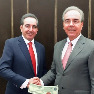 Hyper realistic photo of the president Gustavo metro receiving money from expresidente Alvaro Uribe velez