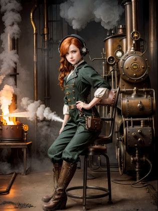 photorealistic, perfect anatomy, realistic character, hyper photorealism, very high contrast photograph, street photography, cinematic lighting, dramatic lighting, shot from the back, (((a girl on a chair is repairing a steam engine in the steamy smoky workshop))), (a 19 yo girl, (Ana de Armas:0.70), (redhead:1.1)), very cute, (perfect eyes:1.1), photorealistic wavy hair, a girl in a steampunk jumpsuit in light gray color, intercom headset, steampunk choker, long leather boots, perfect detailed face, detailed symmetric green eyes with circular iris, fixing a steam engine in the steampunk garage filled with steam and smoke, cogs and gears, steamy background with lots of steam pipes and steam valves and pressure gauges and gears, intricate background, very highly detailed costume, very highly detailed background, steampunk fantasy style, steampunk , steampunk aesthetic, steamy, smoky