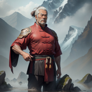 A middle-aged man with a solemn and majestic demeanor in ancient China stood on the mountain, watching the flood under the mountain and the rain