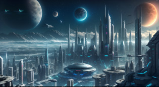 futuristic city with a view of the moon and a distant planet, in fantasy sci - fi city, futuristic city backdrop, futuristic city backgrond, beautiful city of the future, vista of futuristic city, futuristic cityscape, science fiction city, futuristic city scape, in a futuristic city, sci - fi city, in a futuristic cyberpunk city, otherwordly futuristic city
