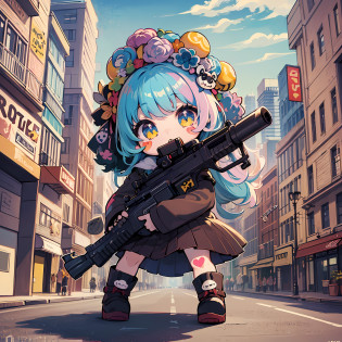 ((sticker:1.5)))?((Chibi Chara))?(((Super giant gun)))?Fluffy?1girls?Strong perm?Street?Blow up the city?Strongest?Chibi Chara?ful body?pastel-colored hair?Fairy tale?Fantastical?Masterpiece?best qualiy?high picture quality