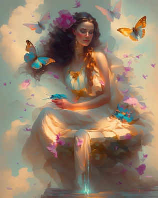 painting of a woman sitting on a fountain with butterflies around her, peter mohrbacher'', by Jeremy Chong, artgerm julie bell beeple, peter mohrbacher c 2 0, ross tran 8 k, style of peter mohrbacher, peter mohrbacher donato giancola, danile gerhartz, by Raymond Han, inspired by Cynthia Sheppard