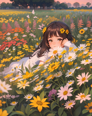 um close up de uma pessoa sentada em um campo de flores, sentado em um campo de flores, menina sentada em um campo de flores, sentado com flores, menina em um campo de flores, menina nas flores, em um campo de flores, menina anime girassol bonita, em um campo com flores, menina em um leito de flores, com flores amarelas ao redor