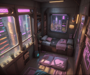 ((masterpiece)), (ultra-detailed), (intricate details), (high resolution CGI artwork 8k), This artwork emphasizes the contrast between history and the future. Create an image of an ornate and large bedroom ((((late at night)))). The furniture should be antique, heavy, beautifully carved rosewood with a distinct polish. The walls have a mix of simple elegant antique silk wallpaper and rich, warm wood paneling. The interior of the room should be (warm) with subtle traces of steampunk style. Consider tudor and revival eras and create a bedroom that is interesting and ornate with hints of the 17th, 18th, and 19th centuries. ((The bedroom should contain heavy dark cherry and european oak wood.)) One of the walls in the bedroom features a (big window). A (futuristic) vaporwave cyberpunk 2077 cityscape is visible through the window. (((It is dark outside.))) The city is ultra detailed and sci-fi with bright neon signs, multiple sizes of buildings and windows, and high visual interest. The city has dark neon and synthwave aesthetics in the style of hires CGI unity unreal engine with details from Artstation and Midjourney. The interior of the bedroom should be gently illuminated by the neon cyberpunk city. The interior of the bedroom should have subtle royal vibes and the bed should be prominent and luxuriously comfortable. Camera: ((The window should be the focal point of the image.)) The window is always the center of the frame. (The window is important and should always be centered in frame.) Resolution: This is an extremely high resolution image. Emphasize small details and sci-fi details in the cityscape. Lighting: All of the light in this artwork comes from the nighttime cityscape through the window. ((It should be dark outside except for neon lights from the city.)) (The interior of the bedroom should be (((dark))).) Style: Realistic.