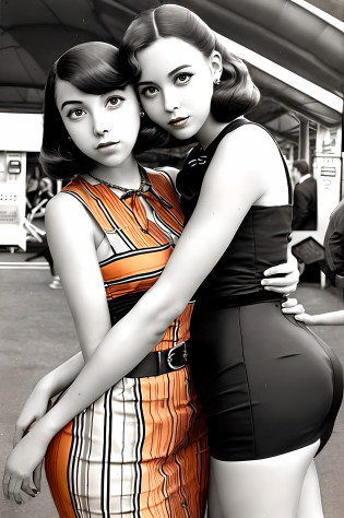 portrait of 2girls, duo, (couple cuddling),retro haircut,double tails,dressed in a 1930s-inspired dress, pencil skirts, skull print, Orange sky, Outdoors,retro Train station, Stand in front of the retro train,Hug and touch each other, Tease a friend's belly, Tease a friend's buttocks, Blushing friend, Biting a friend's earlobe, Hug each other from behind, Touch your friend's breast from below,