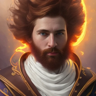 mdjrny-v4 style, portrait of male halfling adventurer, in white and purple robes, white flames behind, brown hair and beard, fantasy, digital painting, sharp focus, art by Eva Widermann and Keith Parkinso
