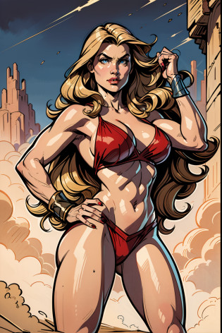 Conan no topo de uma colina junto de Valeria da Irmandade vermelha, Cena inspirada Red Nails, Valerie of the Red Brotherhood was a blonde warrior, de olhos azuis e corpo de deusa. Conan, barbarian class, Conan, the Barbarian Como ilustrado John Buscema (Arte de fantasia)
