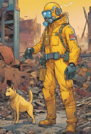 Man in yellow lead suit holding a Geiger counter with a pet robot by his side in a destroyed city, por do sol alaranjado, soldados no fundo patrulhando o local