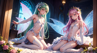 ( Absurd, High quality, ultra-detailed, masterpiece, concept art, smooth, highly detailed artwork, hyper-realistic painting ), young boy and girl, submissive fairy boy and dominant fairy girl, Bossy fairy girl sexually dominates submissive fairy boy, cute, whole body, Romantic, Vivid, dreamy, fantasy, fairy wings, fantasy fairy city, enchanting glow, very detailed art, reveal clothes, sexy lace underwear,  transrarrent clothnes, perky niples, young fairy boy, young fairy girl, flat chested feminine fairy boy, stylish sexy fairy, fairy prince dressed in maiden dress, sissy fairy prince, bulge in lace boy's underwear