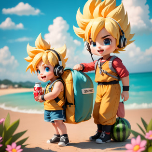(Daisaku), (Excellent), (Super Meticulous), (Full body: 1.2), (5-year-old Super Saiyan, shorts, short sleeves, small backpack, cute, smile, open mouth,) flowers, seaside, drinking Coca-Cola, holding watermelon, with headphones, music, boy short hair, barbed short hair, blonde hair, long sleeves, short hair, (beautiful and delicate face), (beautiful and delicate eyes),