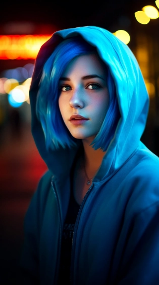 Photo of a vibrant blue-haired pretty lady wearing a hoodie jacket on a street at night, subtle makeup, dramatic lighting, photorealistic, 8k, Kodak Portra 800 --ar 9:16 --v 5