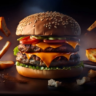 Food Photography of a burger:: Studio Lighting:: :: NIKON D300 + 50mm f/1. 4 @ 50mm, ISO 200, 1/200, f/3. 2, kaleidoscopic, Cheiron Crush, Lithography, close-up portrait, Sketchfab, Sharp, sprite sheet, laser lighting, Hyper realistic intricate detail, finely detailed, Advertising, food photography, highly detailed, realistic, low angle, depth of field, masterpiece, professional work