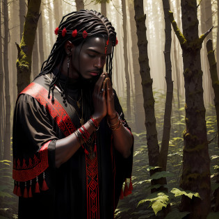 (Young adult male:1.2) stands in the forest, adorned in shamanic decorations (red and black: 1.2) against his black skin. He is (praying: 1.1) with utmost sincerity. The picture is of the (best quality) and (extremely detailed).