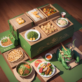 (A detailed close-up picture quality Dragon Boat Festival food gift box), the gift box has illustrations, Chinese dragon sketches, (one person + green bag *1.3), Chinese style food table --auto --s2