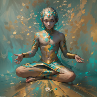 In the heart of an enchanting setting imbued with a peaceful atmosphere, A humanoid sits cross-legged, wrapped in an aura of serenity. Telle une sculpture vivante, He is bathed in shimmering colors that seem to emanate from his being.

The delicate contours of this mystical being blend harmoniously into the landscape that surrounds him.. His slender figure exudes grace and balance, ses membres reposant doucement sur le sol. Ses yeux sont clos, signe de sa connexion profonde avec l'univers qui l'entoure.

Des rayons lumineux, Rainbow-like, unfold around him, formant une symphonie visuelle de teintes vives et chatoyantes. Les couleurs semblent danser en parfaite harmonie, creating an aura of peace and vitality. Every nuance is loaded with meaning, evoking love, l'espoir, Joy and healing.

The shimmering colors that emanate from the humanoid are a reflection of its resplendent soul. Each hue vibrates in unison with its inner state, thus revealing a depth of emotions and spirituality. The golden shades of compassion mingle with the turquoise shards of healing, tandis que les tons pourpres de la sagesse fusionnent avec les reflets verts de la croissance personnelle.

Through his motionless and concentrated posture, This sacred being diffuses a benevolent energy that embraces all the space around him. Les vibrations positives se propagent, touchant chaque brin d'herbe, Every tree leaf and every drop of dew. The air is imbued with a feeling of calm and fullness, creating an environment conducive to meditation and deep reflection.