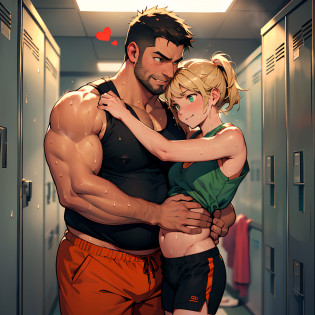 ?masterpiece,top-quality,Fat big uncle shoulder to shoulder with blonde petite girl,stare at each other,Locker Room,(Black-haired uncle,muscular guy,Fat Man,Man with a big belly,Man with relaxed expression),Girl hugging fat uncle in arms,(cute petit girl,Green eyes,small tits,Navel Ejection?Black Tank Top Shirt?Girl in orange shorts,Girl with a smiling expression),Red face,(Sweating:1.5),indirect lighting,Steaming,Hearts fly