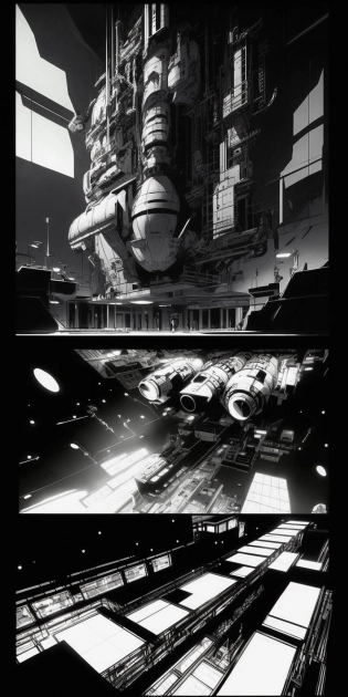 Fantastic space station with floors going up and down, against the background of fantastic technical rooms going up and down, gigantism, fantastic multi-storey space, in the dark, location, twilight, gloomy atmosphere, oppressive atmosphere, Tsutomu Nihei style, Blame! , Sidonia no Kishi, anime, manga graphics, drawing, many small details, hyperdetalization, highest quality, highest detail, extensive lighting, top view, 8K, Ultra-HD, --no Person --q 2 --ar 1:2