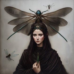 there is a woman with a dragonfly headdress on her head, tom bagshaw donato giancola, yuri shwedoff and tom bagshaw, tom bagshaw weta studio, art tom bagshaw, artstyle tom bagshaw, tom bagshaw portrait, inspired tom bagshaw, tom bagshaw style, tom bagshaw artstyle, inspired by Tom Bagshaw