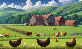 There are several chickens grazing in fields near farm, farm background, farmland, farmland background, rural city scene, farm, rural landscape, countryside, farm, landscape illustration, agriculture, lush farmland, rural landscape, hd illustration, wide view of farm, flat illustration, farmland, anime rural landscape, farmer, stylized digital illustration, background art --auto --s2