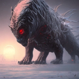 Starvation black monster wolves with red eyes, fight in the ice age Scenery, : concept art::1 cyberpunk::1 splatter paint::1 wide angle lens::2 Zdzislaw Beksinski style, and a little prince boy walks to the Shining Ethereum shape sun, in winter storm --v4