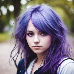 a close up of a person with purple hair and a backpack, violet hair, purple hair, she has purple hair, purple hair portrait of woman, purple - tinted, purple head, flowing purple hair, deep purple hair, purple flowing hair, lilac hair, colored hair, dyed hair, violet color, lavender hair, blue and purple hair, purple hue, color portrait