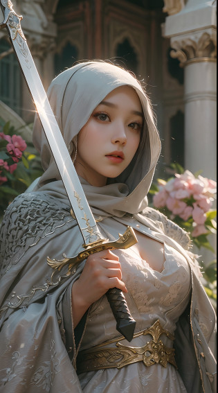 masterpiece, best quality, cinematic light, ultra high res, 8k uhd, intricate details, nature light, film grain, dreamlike, perfect anatomy, best shadow, delicate, RAW>, pleasured expression, spotless face, perfect face, perfect body, expressive eyes, 2girls, wearing cape hijab, sword fighting on the battlefield in front yard of a sultan palace, whole body covered by long dress, wearing full body battle armor, chest cover accessories, non-transparent clothing, kpop idol face, perfect face, perfect body, big chest, 1girl, wearing cape hijab, attacking each other by swords, sword fighting on the battlefield in front yard of a sultan palace, whole body covered by battle armor, chest cover accessories, non-transparent clothing, non-exposed body skin, kpop idol face, perfect face, perfect body, big chest, a beautiful woman, wearing cape hijab, whole body covered by battle armor,  standyng on the flower garden in front yar of a mosque, holding sword, elegant style pose, kpop idol face, perfect face, perfect body, big chests,