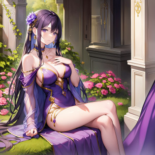 Character expressions: elegant, gentle, with some sadness in the eyes.
Hairstyle and color: Dark purple long straight hair, draped over the shoulders, looks very soft.
Clothing style and color: wearing a purple robe with flowing fringes, peony flower patterns depicted on the cuffs, and gold wire lining on the hem.
Accessories on the figures: Amethyst earrings on their faces, a glazed bracelet on their wrists, and silver rings on their tiny fingertips.
Character pose: Sitting quietly in the courtyard, holding a purple peony flower in his right hand, his left hand lightly supporting his knee, and his eyes softly looking into the distance.
The environment: a simple and beautiful courtyard, the environment is quiet and elegant, the whole courtyard is very elegantly arranged.
Atmosphere: quiet and comfortable
Environmental features: the fragrance of flowers fills the courtyard, the vines of wisteria flowers climb against the walls of the house, and a purple futon is laid on the green brick floor in front of the house
Ambient time: evening
Remarks: This female emperor is full of autumnal atmosphere. She is gentle, submissive, with a sense of sorrow in her bones, but full of confidence. She seems to be the owner of this courtyard, quiet, elegant and noble, which further highlights her dignity as a female emperor and the prosperity of the world.