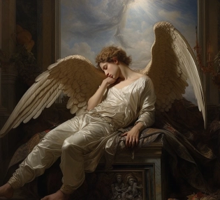 A man is visited by an angel::5 da vinci::0. 1 photorealistic::5 direct sunlight::3. 1 panorama::2. 9 rembrandt::5 defocus::-0. 5
