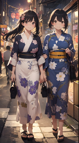 ?masterpiece?ultra-detailliert?intricate detailes?Realistic texture?Unevenness of the human body?realistic in every detail?top-quality?Surrealist works?Women are detailed and realistic?Graphic Arts????Two women and one man in yukata?Smiling and walking together?Women in colorful yukata with floral patterns and polka dots?Men wear dark blue yukata?There are also small items such as hair ornaments and lanterns Background?Fireworks are set off in the night sky?A lively summer festival with food stalls and lanterns?You can feel the atmosphere of crowds and festivals Impact?The color and shape of the fireworks are different?Eye-catching with?The facial expressions and poses of the people are fun and empathetic.?The details of the stalls and lanterns are detailed and realistic.?Beautiful contrast between light and shadow