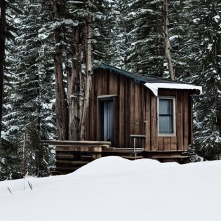 canadian style cabin on top of a snow mountain overgrown, hyper realistic, lush gnarly plants, 8 k, denoised, by gregory crewdson, cinematic lighting