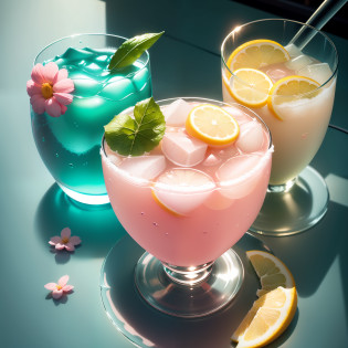 Large glass of cold ice and pale pink soda, Summer Feeling, delicado, ultra-detalhado, luz suave, Foco de Campo Profundo Bokeh, ray tracing, Distracted, ultra-fino, copa redonda, copo oval bonito, Fundo verde claro, papel de parede, verde de fundo, super delicate water pattern (ultra-fine glass reflection)?Sirva com flores pequenas?