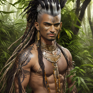 arafed man with dreads and tattoos standing in a jungle, indian warrior, fantasy male portrait, portrait of a male warrior, aztec warrior, : native american shamen fantasy, amazon warrior, picture of an adult male warrior, indigenous man, daz 3 d, daz3d, daz 3d, portrait of a warrior, male warrior, apocalypto