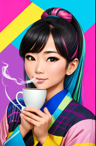 (A BEAUTIFUL ORIGINAL HAPPY JAPANESE WOMAN WITH A NICE CUP OF COFFEE COMING OUT SMOKE IN HER HAND, Beautiful cup ,Coloridas ,pink and blue and yellow WRITTEN WE COOFFE IN THE CUP ),  Eduardo Kobra ,Romero Brito,The Filling Twins ,multidimensional geometric wall PORTRAIT, arte, Chibi,
Yang08k, lindo, Colouring,
Primary works, qualidade superior, melhor qualidade, Arte Oficial, Beautiful and Aesthetic, 128 mil