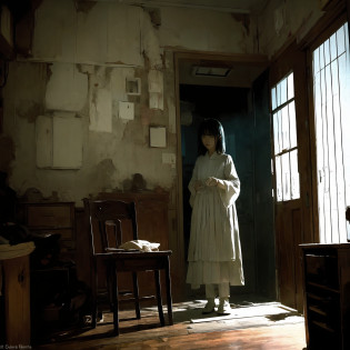 Photos of the ghost of a teenage girl Japan alone. In the dim light, Claustrophobia range in small rooms in Tokyo, A ghostly presence appears, Consumed in the creepy world of horror games. Lurking in a desolate corner, Enveloped in inexplicable darkness, That evil gaze is?Immobilized to the player with an anxious and twisted smile that sent shivers down the spine. The ghostly apparition is covered in tatters, White dress full of filth, Unforgettable relics of the past, And its ethereal shape is wavering, A glimpse of the spectral region beyond.

In the stuffy atmosphere of the room, Dilapidated chair, Forgotten relics of another era, Stands as a chilling memory of the room's ominous history. Time has eroded the once ornate sculptures, Leaving behind the agony whispers and sounding rotting shells of souls long gone. walls, Decorated with faded photos of forgotten faces, It seems to exude a melancholy presence., As if?Who was caught in it?As if the essence longs for deliverance from their eternal purgatory.

A pale blue glow emanates from the ghost's eyes, Emitting an eerie glow that penetrates the air, Corner of the room?Fill with spectral incandescent lamps up to. Shadows dance under an ethereal glow?Distorted, Twisting into grotesque shapes that mock the sanity of the living.

When the ghost silently stretches out a translucent hand, A bone-chilling silence descends. With each painfully slow movement, Approaching the player in., Creeping specter of fate. however?No matter how close it gets, The transparent hand of the ghost is?Never break the threshold of the tangible world, Leave a trail of icy fear. It is the embodiment of pain, Forever denied the comfort of human touch.

yet, Paradoxically, In obvious horror