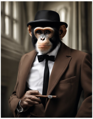 ((Calidad de primer nivel)), ((obra)), ((Fiel a la vida)),

Asunto: Hyper-realistic photograph of an elegant monkey smoking a cigar
Average: Photography
Resolution: 4K

Alerta positiva: Crear un ((Calidad de primer nivel)), ((obra)), ((Fiel a la vida)) Photograph that captures the essence of a monkey in a black tuxedo suit and sunglasses, Smoking a lit cigar with an air of sophistication. The overalls should be placed upright, exudando confianza y estilo. The composition should focus on the face and upper body of the monkey., Con el cigarro encendido sostenido casualmente en una mano hasta su boca. Captura trozos de humo alrededor de la cabeza del mono, Increase the atmosphere.

Make sure the image is perfectly clear and detailed, mostrando los finos pelos y arrugas en el cuerpo y la cara del mono. Pay close attention to the details of the tuxedo suit, Adaptarlo para que se ajuste al marco del mono de manera realista. White dress shirt and bow tie should be crisp and organized., enfatizando la apariencia del mono.

Las gafas de sol semirreflectantes estilo aviador deben proteger oscuramente los ojos del mono, Increase the enigmatic aura. Resalta el extremo encendido del cigarro, making it shine brightly and projecting subtle reflections on the monkey's surroundings. The fine smoke swirling around the monkey's hand and head area should be portrayed realistically.., contributing to the overall atmosphere.

Incorporates an incredibly high level of realism when portraying skin textures, Mechones de cabello, Brasas de cigarros, y humo, como si fotografiara un mono de la vida real. 4K resolution should capture all the intricate details, permitiendo al espectador apreciar los finos matices de la escena.