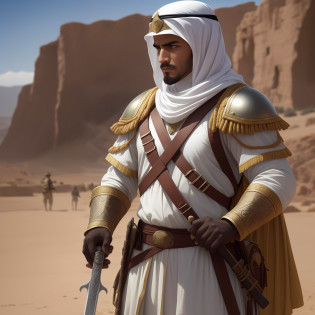 Step into the world of valor and courage with a captivating prompt featuring an Arab soldier wielding a gleaming sword. This evocative image depicts the soldier in the midst of an epic battle, standing tall and resolute. Clad in traditional armor that reflects the rich history and culture of the Arab region, the soldier exudes an aura of strength and determination.

The sword, held firmly in the soldier's hand, catches the light and glints with a sense of purpose. Its blade, carefully crafted with intricate details, symbolizes the soldier's unwavering commitment to protect and defend. With a backdrop of desert landscapes or ancient ruins, this scene immerses you in the timeless heritage of the Arab warriors.