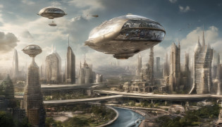 What photography?Ultra photo realsisim?Hyper-detailing?Ultra-wide-angle picture?24th century?sci fi city?and the sun was shining brightly?Tech City of the Future?Oval building?Suspended circular aircraft?Roads that lead in all directions?highly detailed surreal vfx?Smudge?Faraway view?super-fine?ultra�-�detailed?high qulity?8K ?oc rendered?dynamic viewing angle