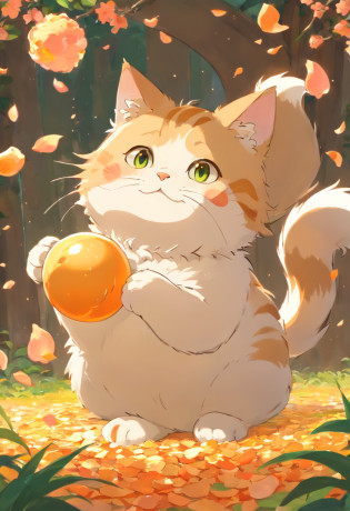 Obra maestra, La mejor calidad, Gato y bola de hilo, Gato jugando con bola de hilo, Detalles, warm colours, Falling peach petals around, Anime de gatos, Lindo