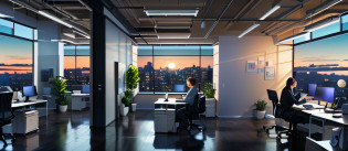 A lot of people are in the office?A lot of people are working?Computer, Sky outside the window?natta?themoon?In the office, artstation hq, working in an office, At the office, office backdrop, in a open-space working space, in front of a computer, in a office