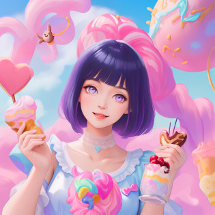 (A cute, Cartoonish dessert characters?Has minimal human characteristics): Sweet and lively face, Round and shiny eyes, Cute little mouth, Soft and soft body, extremely colorful?Vibrant appearance, adorable expression, The limbs are small and stout, Joy and joyful resonance, Naughty and mischievous personality, A little clumsy?But full of charm, A touch of magic and wonder, Surrounded by desserts and sugary treats, A whimsical dessert wonderland, Fill with sweets, chocolate bar, and pastries, Sugar-coated fantasy world, Land where calories don't count, A delicious adventure in dessert paradise, Bright colors and a joyous atmosphere, Sweet aroma, With marshmallow clouds and lollipop trees as background, A cheerful and seductive presence, A dessert companion?Bring a smile to everyone's face. (Best quality, High-res), A delightful blend of sweetness and cuteness, A masterpiece of confectionery art,Blunt Bangs, purple eyes, dark blue hair, Eye and heart care, Mesmerizing and coveted creations, Light up the dessert companion for any day.