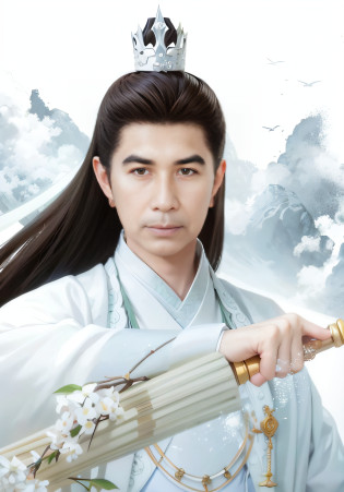 arafed image of a man with a sword and a crown, inspired by Guan Daosheng, inspired by Zhang Han, inspired by Wu Daozi, inspired by Zhao Yuan, inspired by Huang Gongwang, inspired by Bian Shoumin, inspired by Zhang Wo, inspired by Cao Zhibai, inspired by Zhu Derun, inspired by Wu Bin