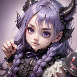 The illustration depicts an adorable little demon girl, combining angelic elements with a dash of mischief and malice. The little demon girl is portrayed in a way that captures her unique and charming personality.
She has an angelic face, with delicate features and large eyes, conveying a mischievous and curious expression. His eyes glow with a vibrant shade of red or an intense blue, reflecting his demonic nature. Your eyebrows may arch slightly maliciously, adding a touch of mischief to your look.
The little demon girl's hair is a striking feature. It can be represented by a vast hair in shades of purple or black, with shaggy locks and pointed tips, resembling flames or small horns. Hair can be styled to create a fun and unique look, perhaps with fancy braids or colorful bows.
She has small horns that emerge from her forehead, not sharp, but rounded and curved upward, giving her an adorably diabolical look. Your skin may have a light pinkish hue or take on a darker hue such as purple or blue, adding an otherworldly touch to your appearance.
The little demon girl is dressed in a charming and peculiar way. She can wear an adorable dress with themed prints such as stars, moons or small demons. You can combine the dress with colorful socks and a pair of charming shoes, adorned with fun details. Maybe she's holding a small trident or has a fluffy, pointy tail, complementing her demonic look.
Despite her demonic appearance, the little demon girl exudes an irresistible charm and a captivating aura.