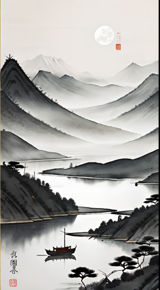 ink and watercolor painting?Draw on rice paper?Use thick and light ink to create light and dark variations and layers?Pick the right ink color?Such as deep black?Thick gray?Light coffee, etc?to express different situations and atmospheres?Control the gradient and transition of ink color by the humidity and consistency of the ink?mont?Eau?the trees?Snowflakes flying in the sky?Lake surface?Small broken boat?Bleak, Desolate, Solitude?A huge full moon rises over the horizon?eventide?wide wide shot?Cool moonlight?Black and white tones?The background is a snowy scene,There are dead trees on both sides of the picture? Traditional Chinese Ink Painting, Traditional Chinese art, author?Guo Xi, author?Ma Yuanyu, Traditional Chinese painting, author?Xu Xi, author?Luo Mu, author?Yang Buzhi, author?Li Kelan, author?Gu An, Ink painting ) ) ) ), Chinese ink painting, Chinese painting style