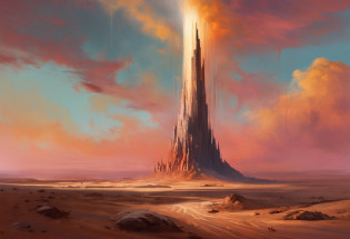 um deserto de areias brancas, com uma grande torre demoniaca ao fundo e um grande buraco negro a cima dessa torre, sci-fi horror, dramatic lighting, 4k, arte conceitual, altamente detalhado, Volumetric lighting, global ilumination, octan render, Estilo-SwampMagic, Eldritch, cosmico, energia escura