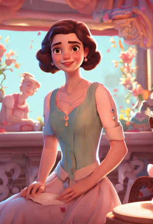Disney girl?a pretty girl?Wear a beautiful dress?Pearl earrings?Low saturation Pixar?super detailing?clay?Cartoon anime,half-body photo?looking at viewert?Bright smile?largeeyes?nighly detailed?edge lit?Artistic standing?solid color backdrop?Soft focus?lightand shade contrast?8k