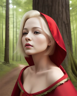 stunning luxurious feminine woman, Little Red Riding Hood fairy tale character, gorgeous naive innocent face, (portrait:1. 1), pale healthy skin, juicy lips, wearing a bright red cape, short bob hairstyle, blond hair, detailed amazing art, dark dramatic night Forrest background, (huge gigantic trees:1. 1), 4k, by Takeharu Ishimoto, (photorealism:1. 2)