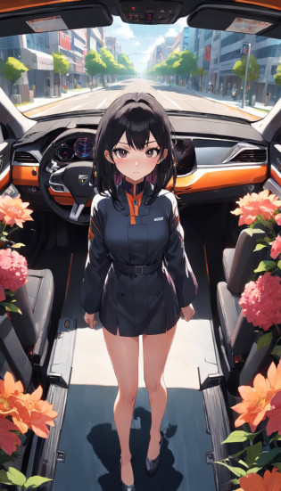 An SUV opens the passenger door?wide - angle shot?closeup cleavage?A black-haired, half-race beauty sticks out a foot from the co-pilot?The inside and outside of the car are filled with plenty of flowers?Modern architectural background